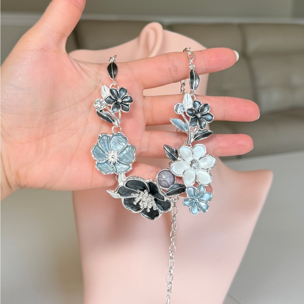 Floral Statement Necklace in Black, Silver & White - Picture 6 of 11